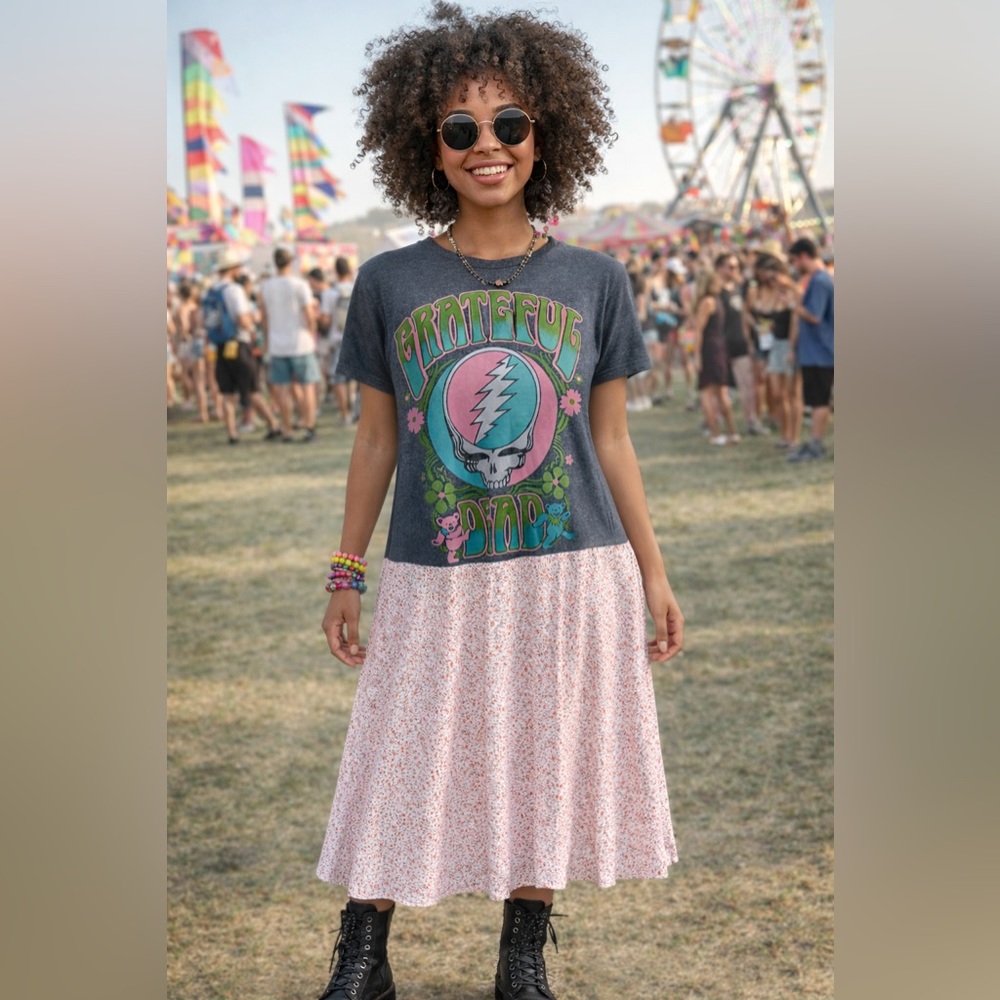 Upcycled Grateful Dead Graphic Tee Mid Maxi Dress Ditsy Floral Size M L OOAK